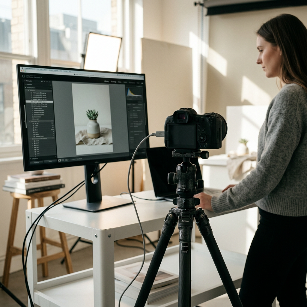A bright studio space with a photographer's camera tethered to a screen displaying professional product metadata