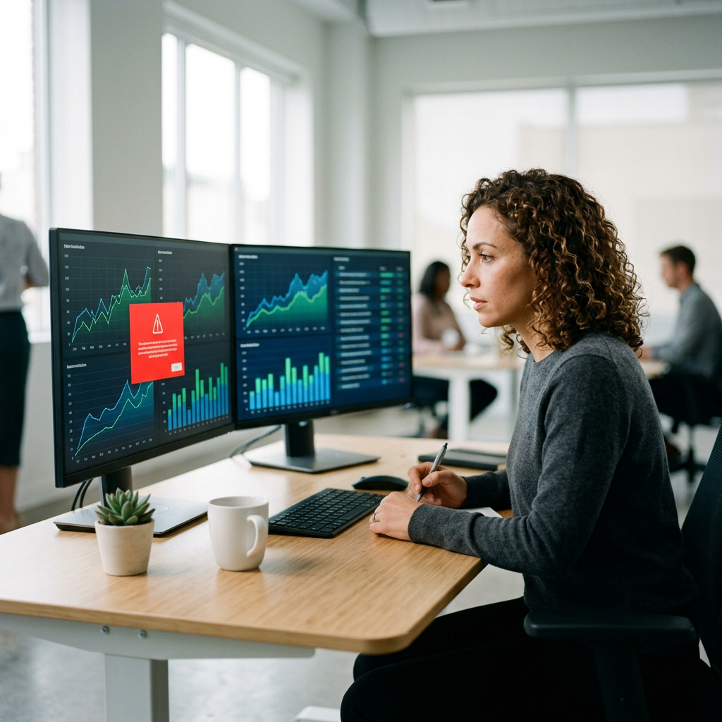 A modern clean office desk with multiple monitors displaying data charts and a bright red warning notification on one sc