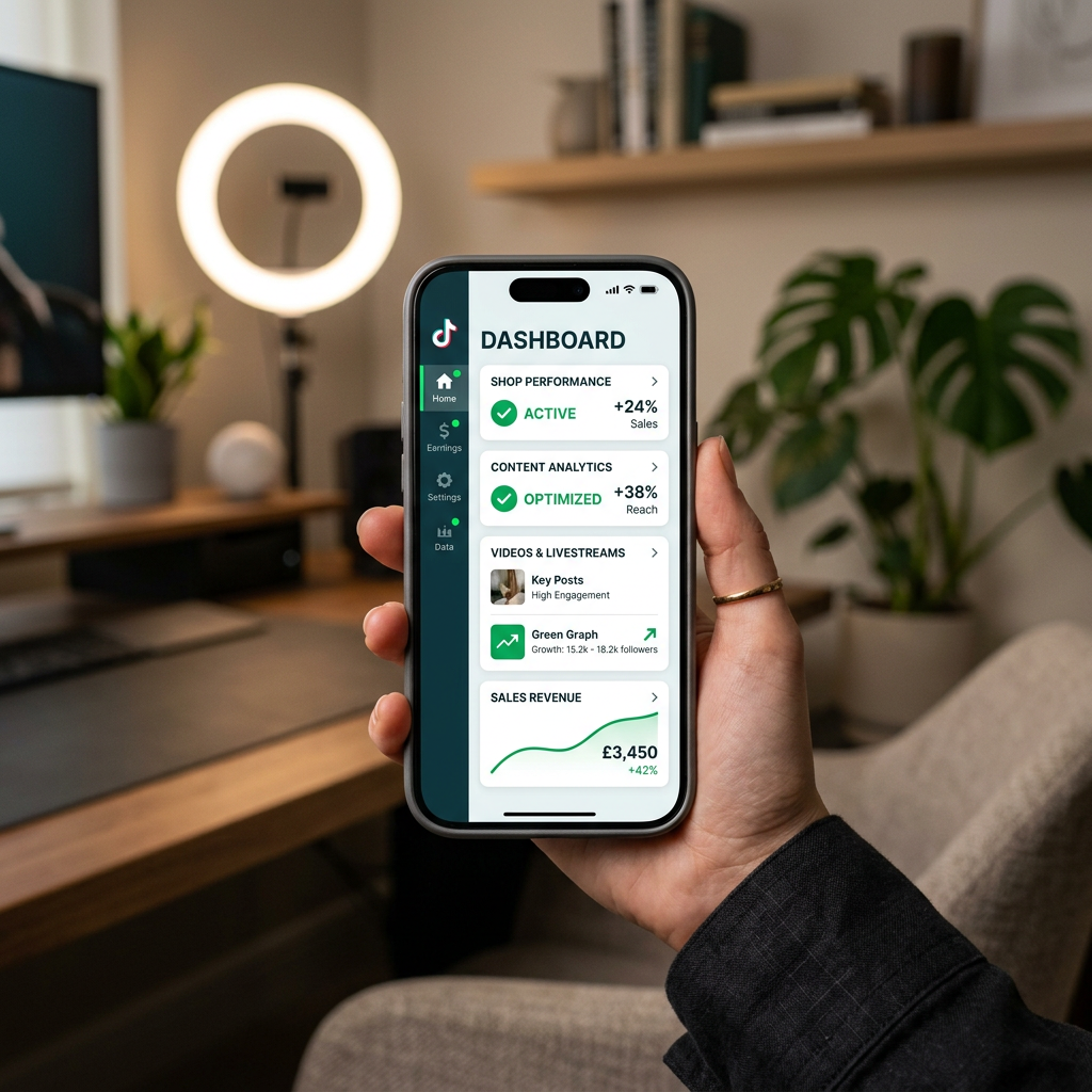 A close-up shot of a smartphone screen showing a professional creator dashboard with green checkmarks and growth analyti