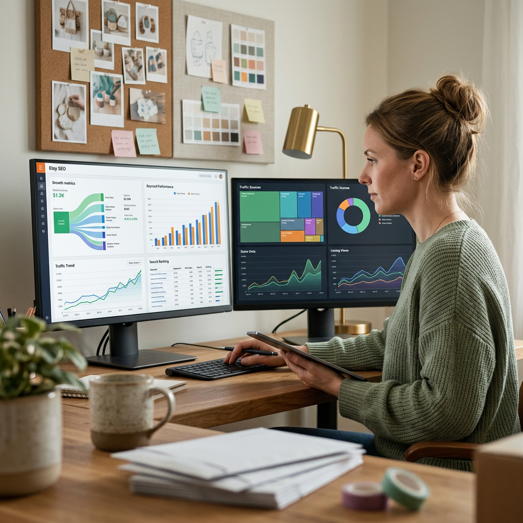 A modern home office with a dual-monitor setup showing color-coded data visualizations of e-commerce traffic trends and