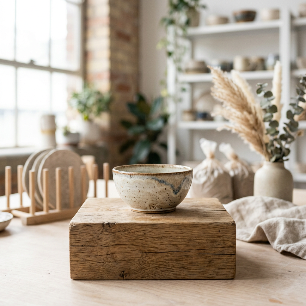 A bright, professional photography studio setup with a small handmade ceramic bowl on a wooden pedestal under soft light