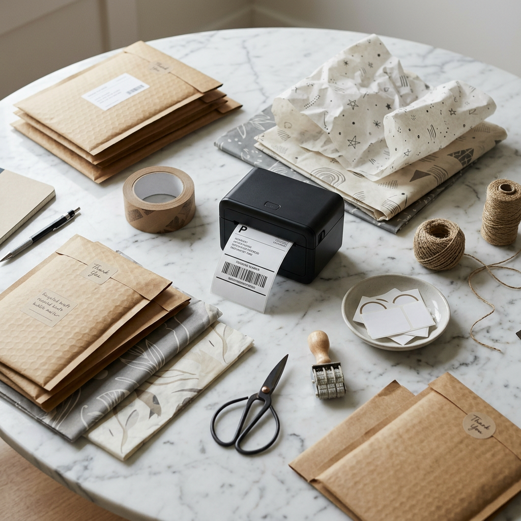 A flat-lay arrangement of shipping supplies including eco-friendly mailers, a label printer, and branded tissue paper on