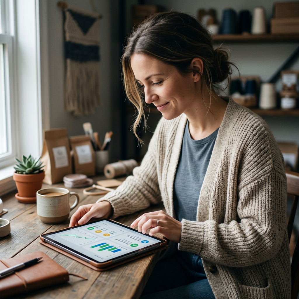 A person using a tablet to manage an online shop dashboard showing rising analytics and positive customer feedback notif