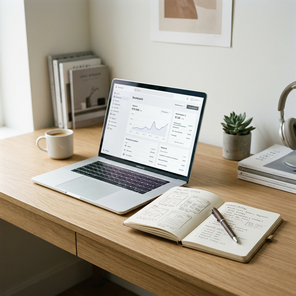 A minimalist designer workspace with a high-end laptop showing a clean Shopify dashboard and a notebook with content str