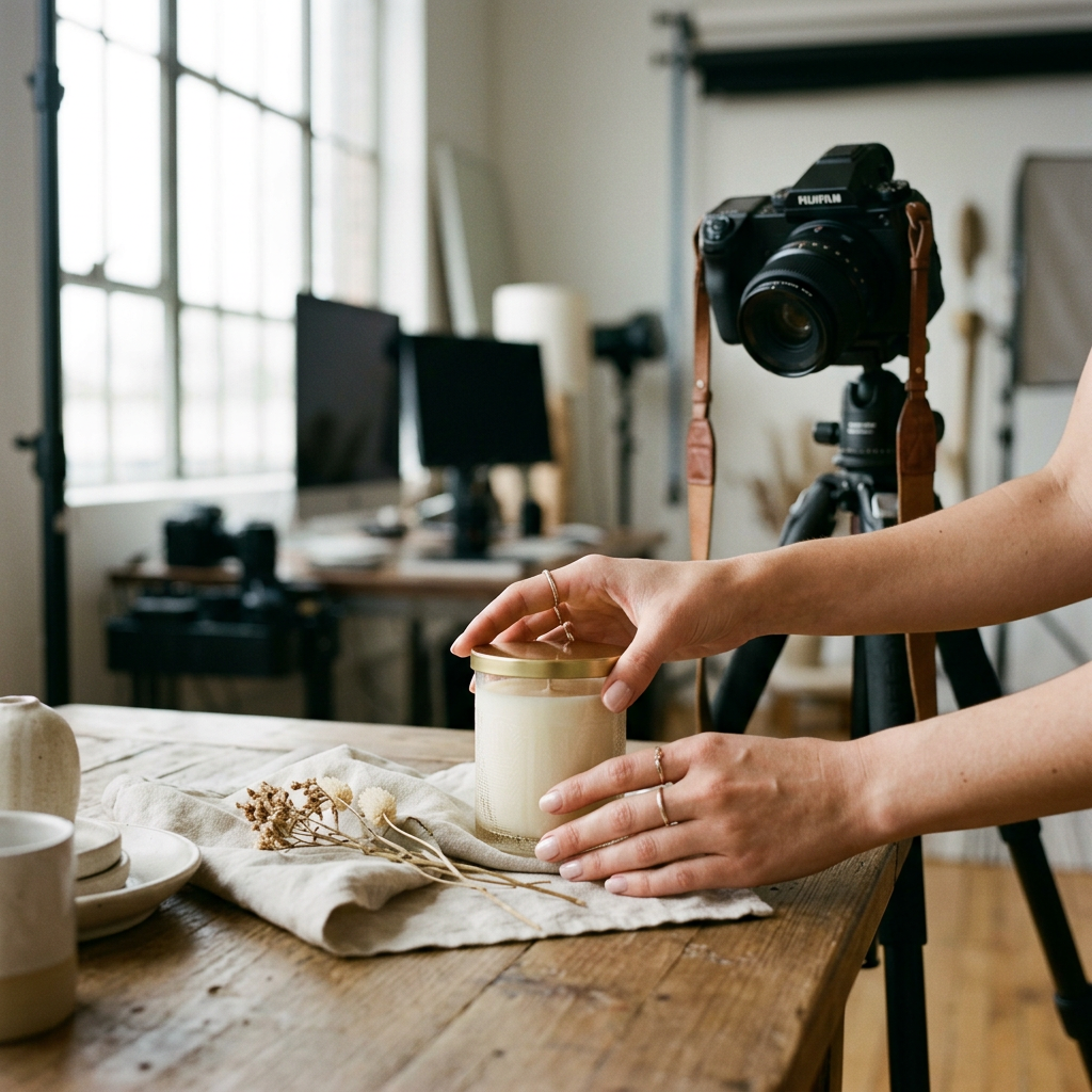 A close-up of a professional photographer's hands adjusting a product for a high-quality lifestyle photoshoot