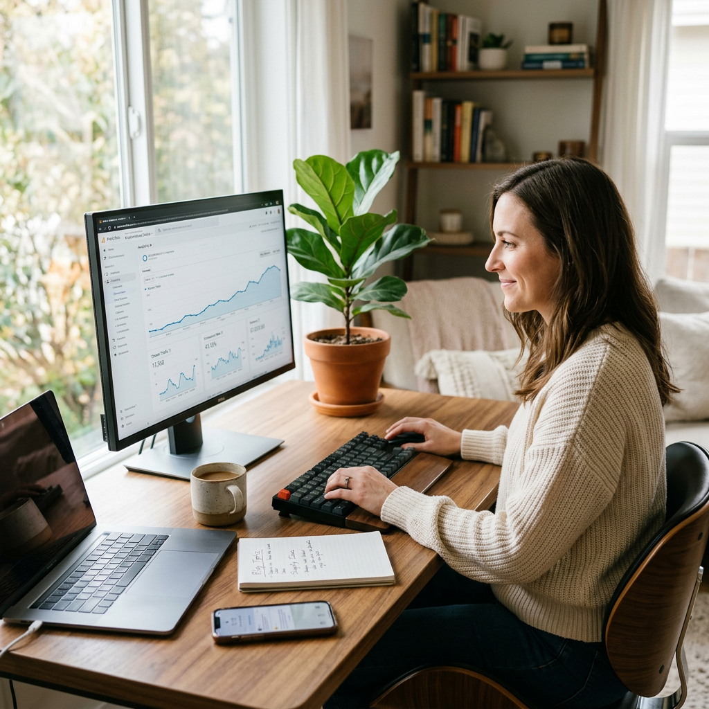 A modern, sunlit office space with a large monitor showing a detailed website analytics graph and a green plant