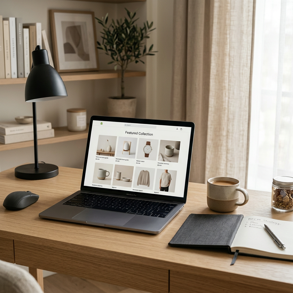 A minimalist home office desk with a laptop showing a clean Shopify collection page layout, soft morning light, professi