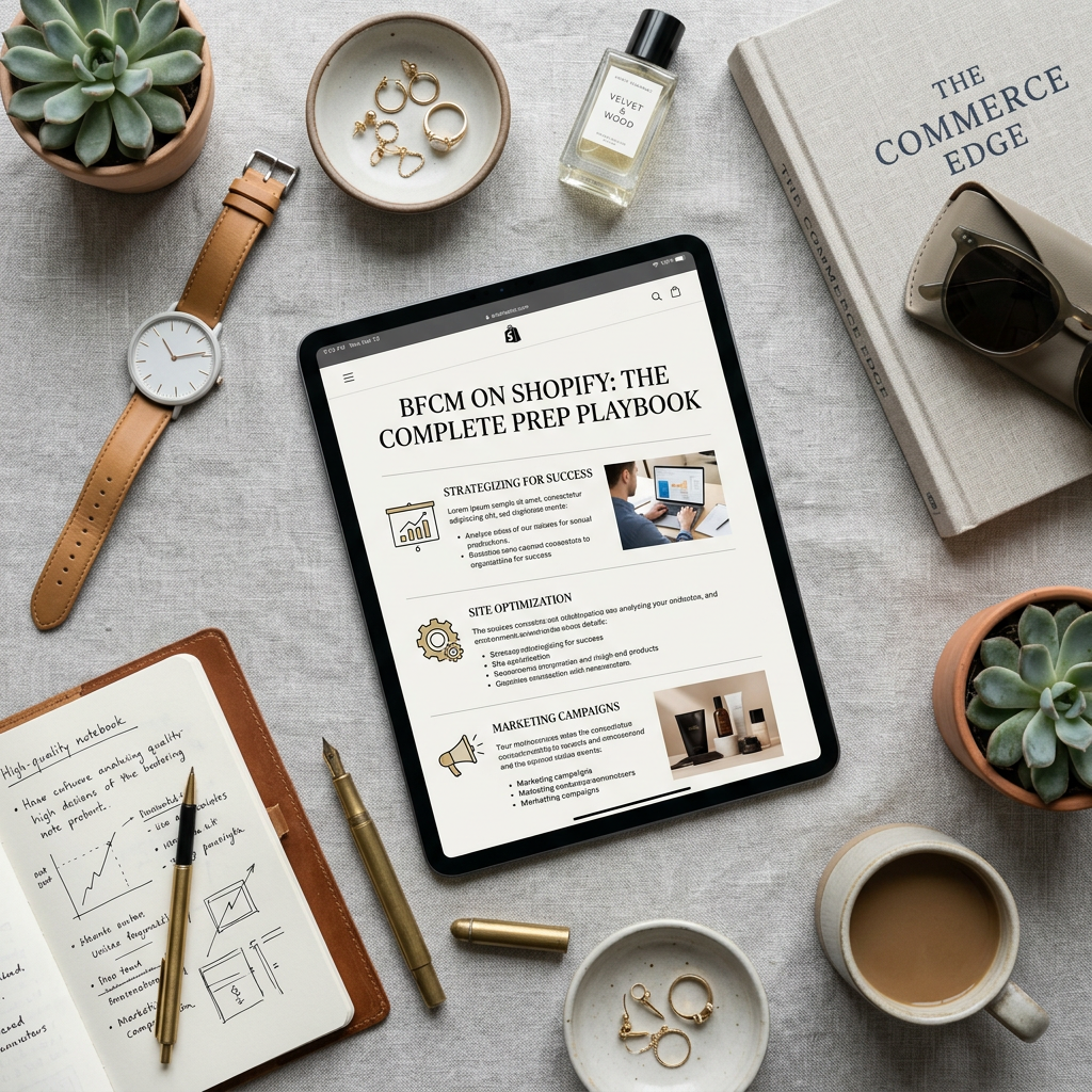 A flat lay of high-end lifestyle products and a tablet displaying a well-structured blog post with clear headings and im