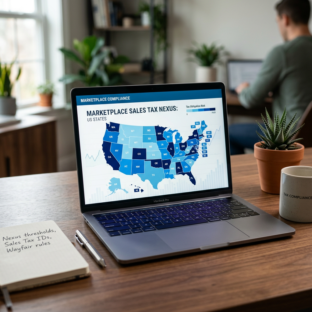 A modern clean desk with a laptop showing a heat map of the United States with various states highlighted in shades of b
