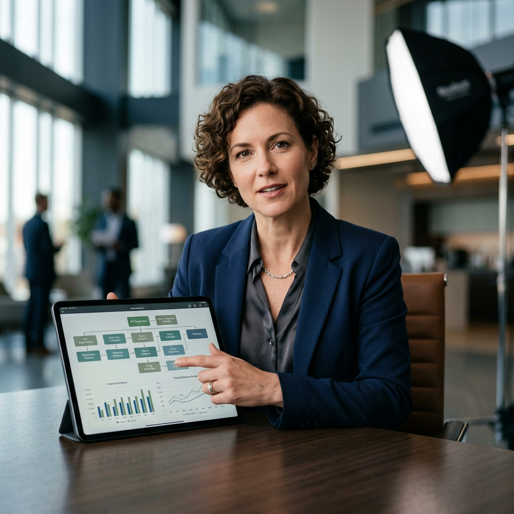 A professional business consultant pointing at a digital tablet displaying tax compliance flowcharts and financial graph