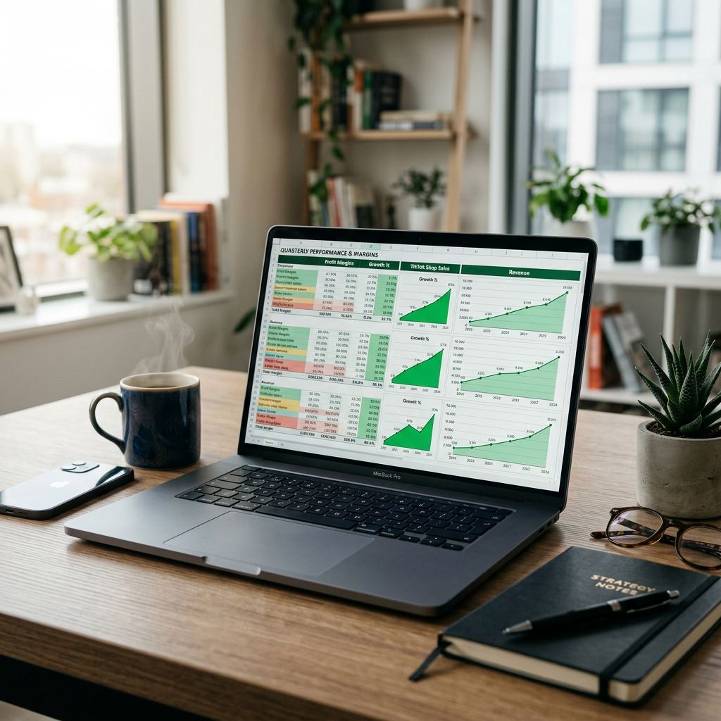 A modern office desk with a laptop showing a complex spreadsheet of profit margins and green growth charts in soft morni