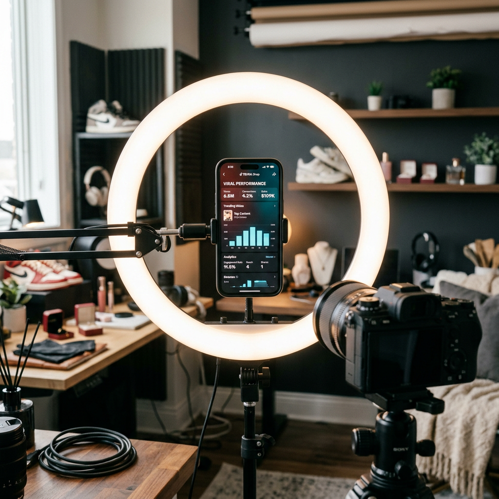A professional photographer's studio setup with a ring light and a smartphone displaying a viral TikTok video performanc