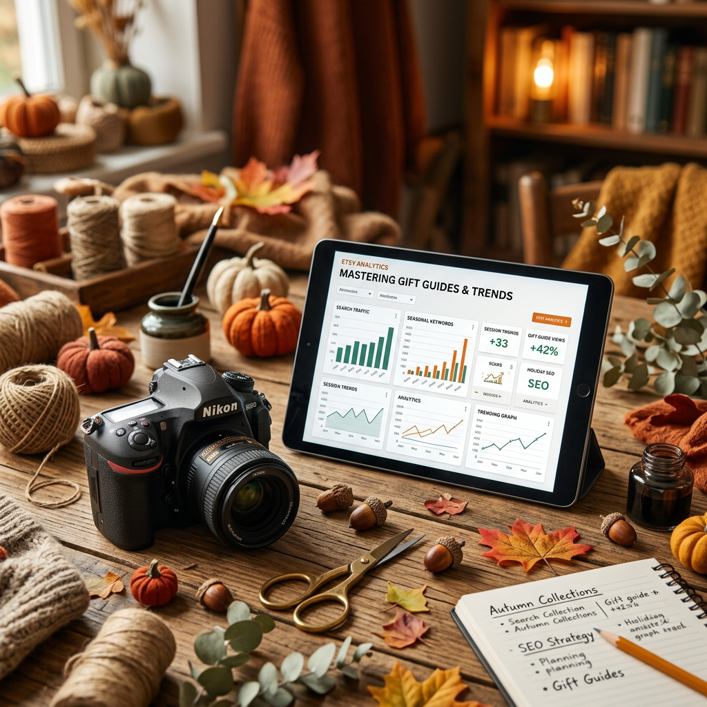 A close-up of a rustic wooden table with fall-themed craft supplies, a DSLR camera, and a tablet displaying SEO analytic