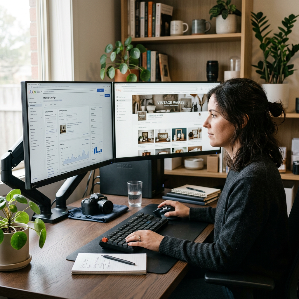 A split-screen view of a professional workspace with one monitor showing a data-heavy eBay listing and the other a lifes