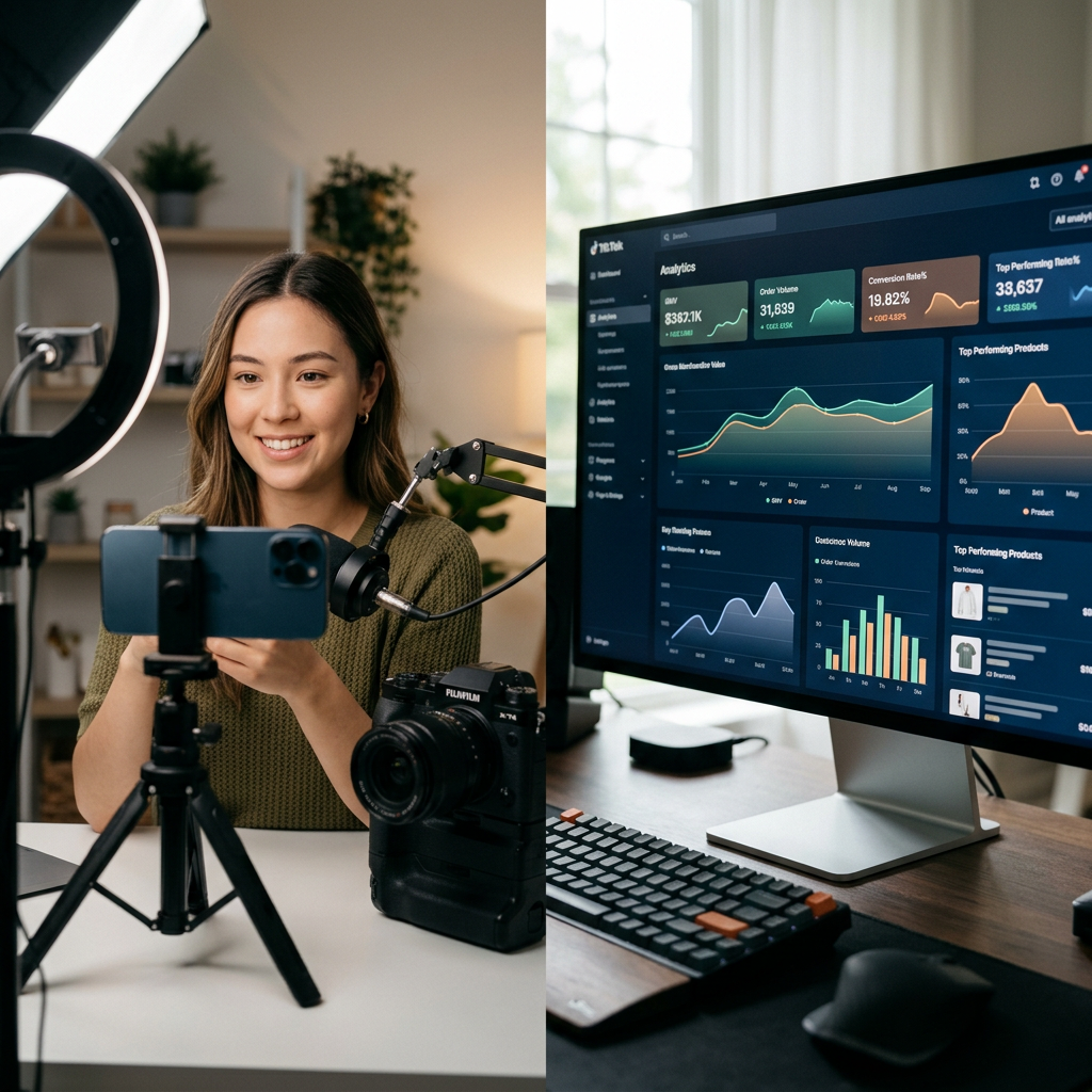 A split-screen view showing a professional filming setup on one side and a high-volume dashboard of sales data on the ot