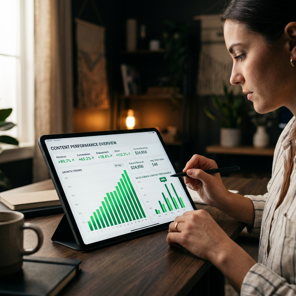 A focused close-up of a digital tablet displaying an analytics dashboard with rising green growth bars and percentage me