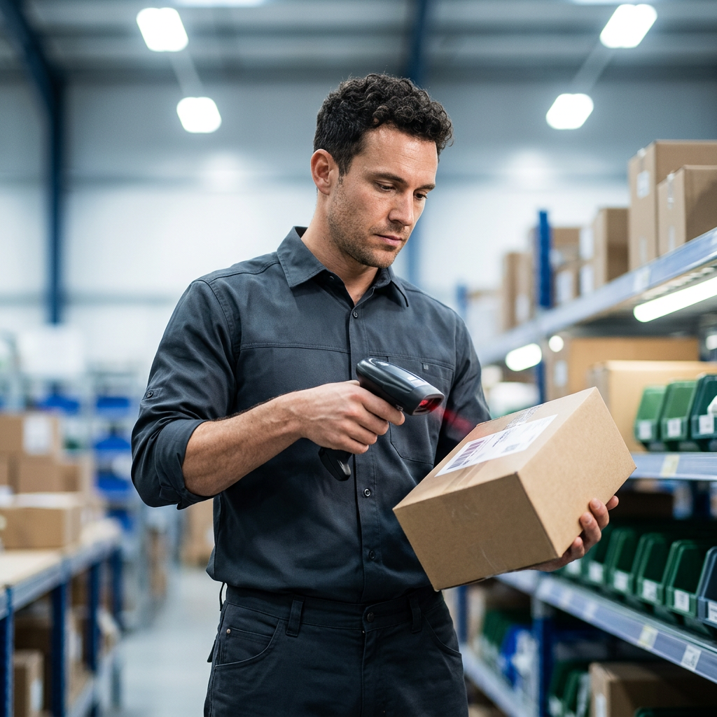 A warehouse worker efficiently scanning a small package under bright LED lights, shelves of organized inventory in the b