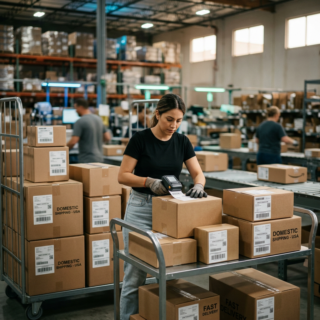 A modern distribution warehouse interior with workers moving fast-shipping packages labeled for domestic US delivery, so