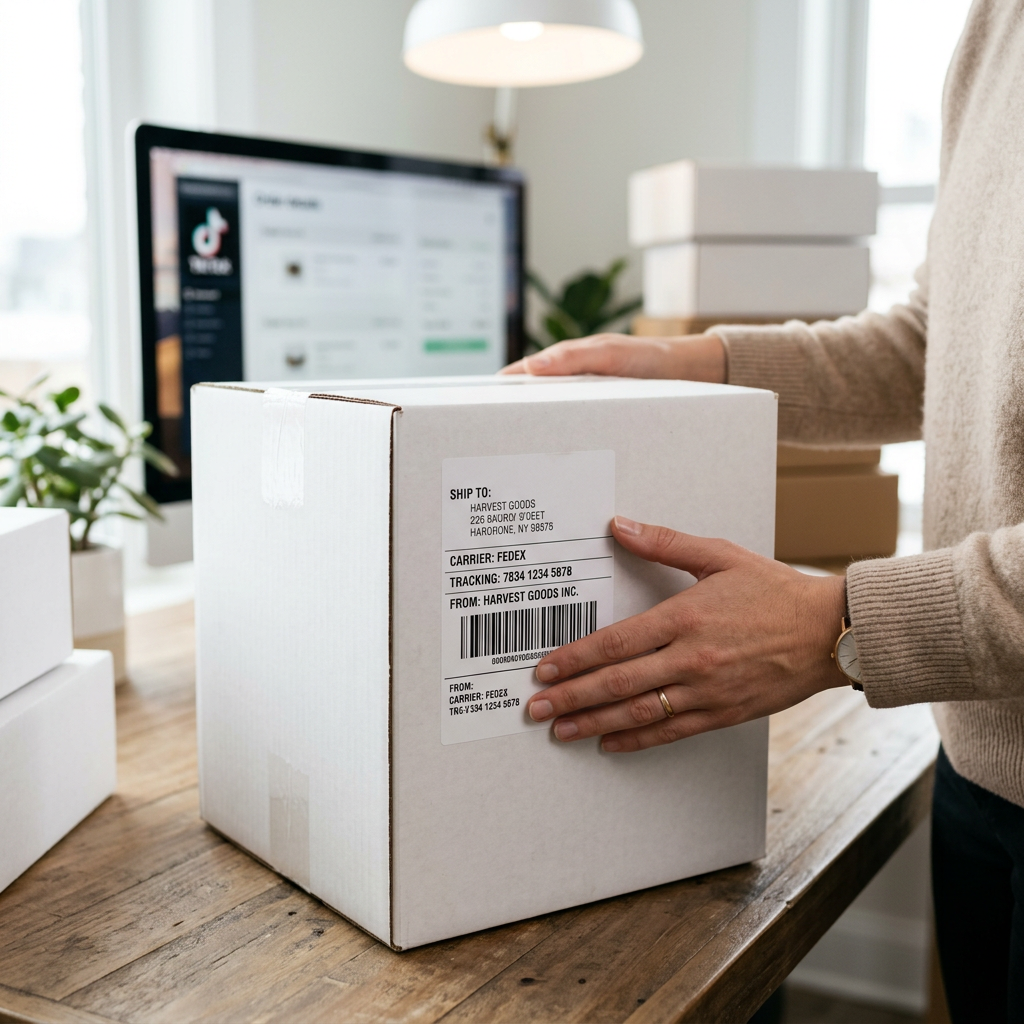 A close-up of a high-quality shipping label being applied to a clean white cardboard box in a bright office environment