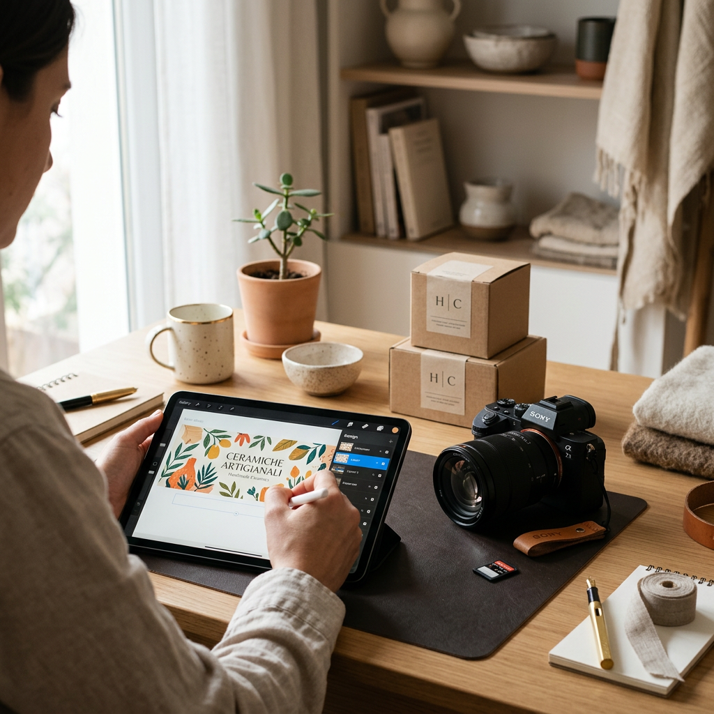 A minimalist desk setup with high-end cameras and a tablet showing a professional Etsy shop banner layout in progress