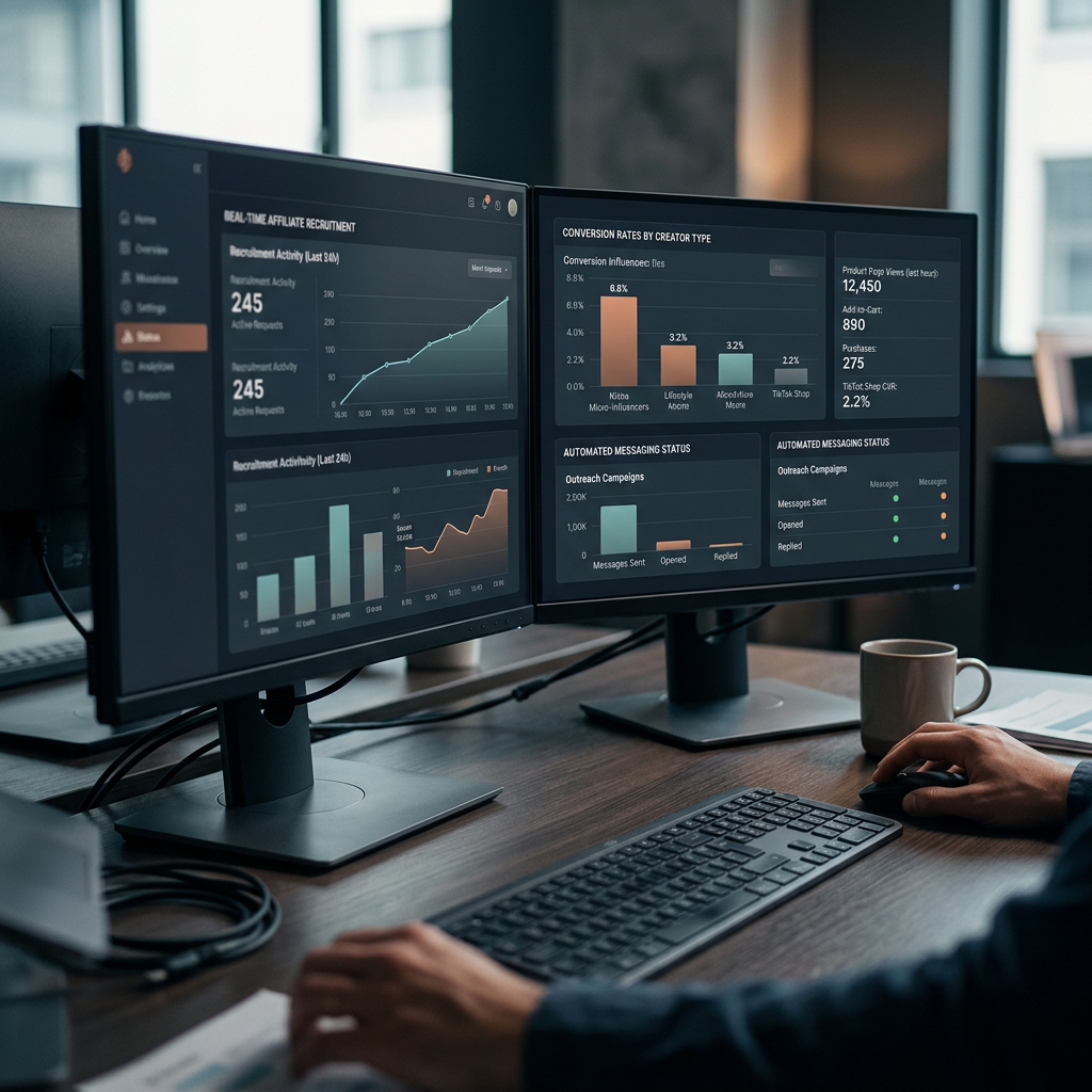 A high-tech digital dashboard displaying real-time TikTok affiliate recruitment metrics, conversion rates, and automated