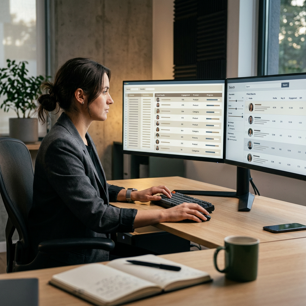 A minimalist workstation with multiple screens showing segmented lists of TikTok creators and filtered search results fo