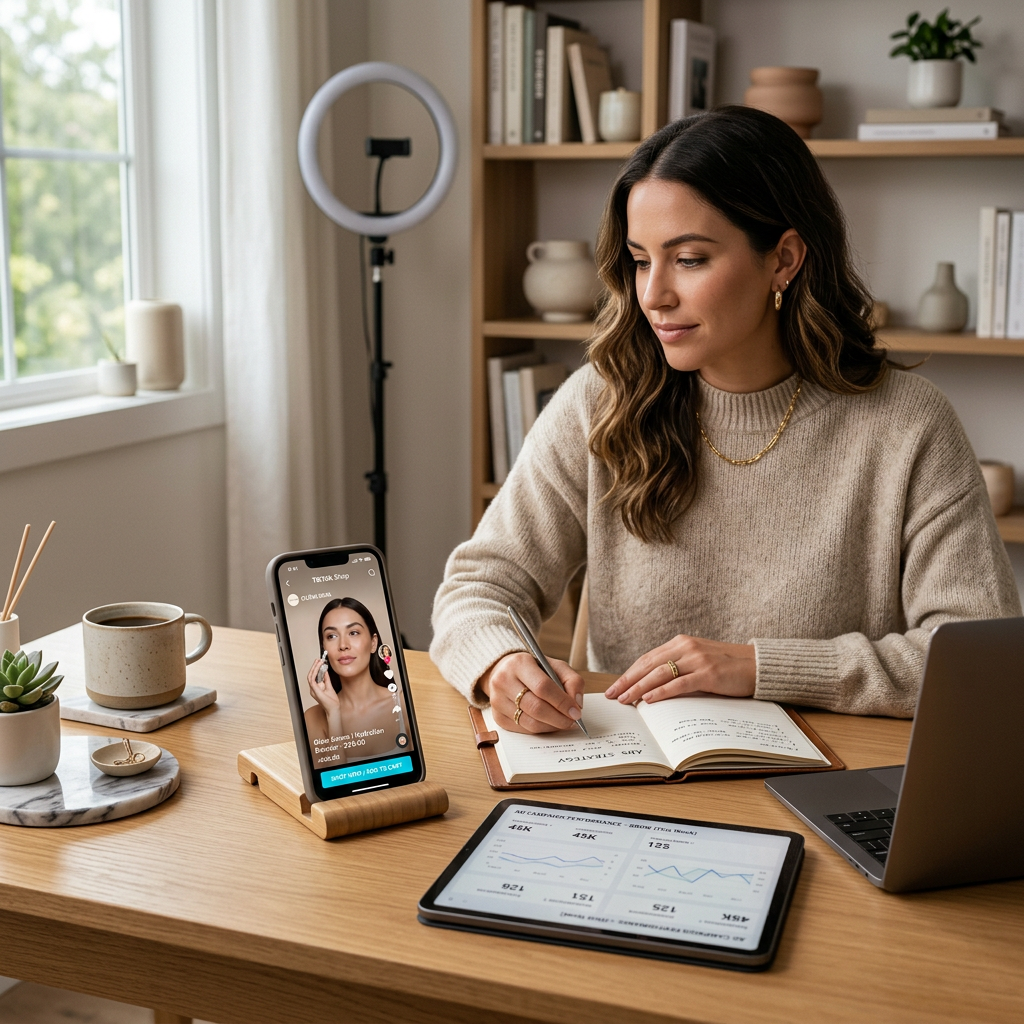 A modern clean workspace with a high-end smartphone displaying a TikTok Shop product page with a bright buy button and a