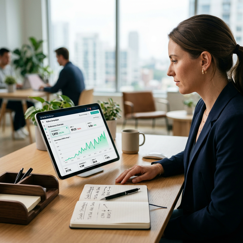 A professional desk featuring a tablet showing a detailed TikTok Ads Manager chart with upward trending green lines and