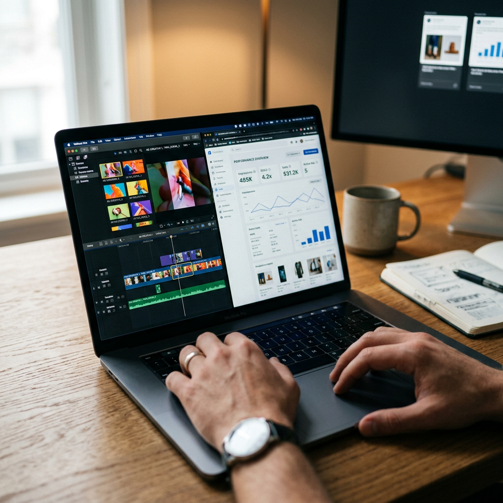 Close-up of hands typing on a laptop with a split screen showing a video editing suite and an e-commerce dashboard.