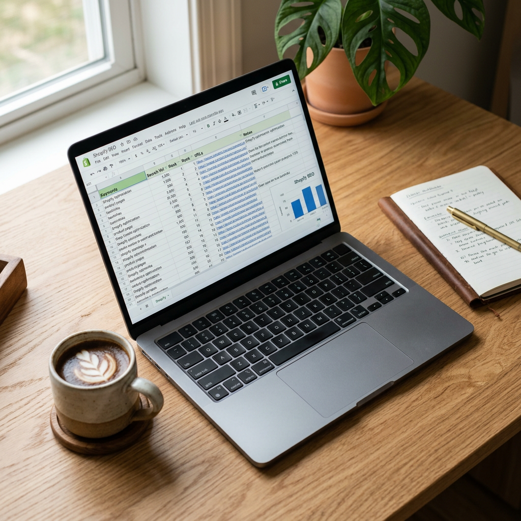 A close-up, high-angle shot of a minimalist wooden desk featuring a clean laptop screen showing a detailed SEO spreadshe