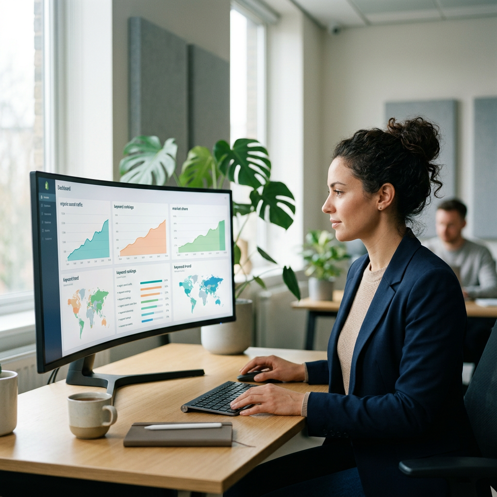 A modern, bright office space with a large monitor displaying a colorful data visualization of search trends and market