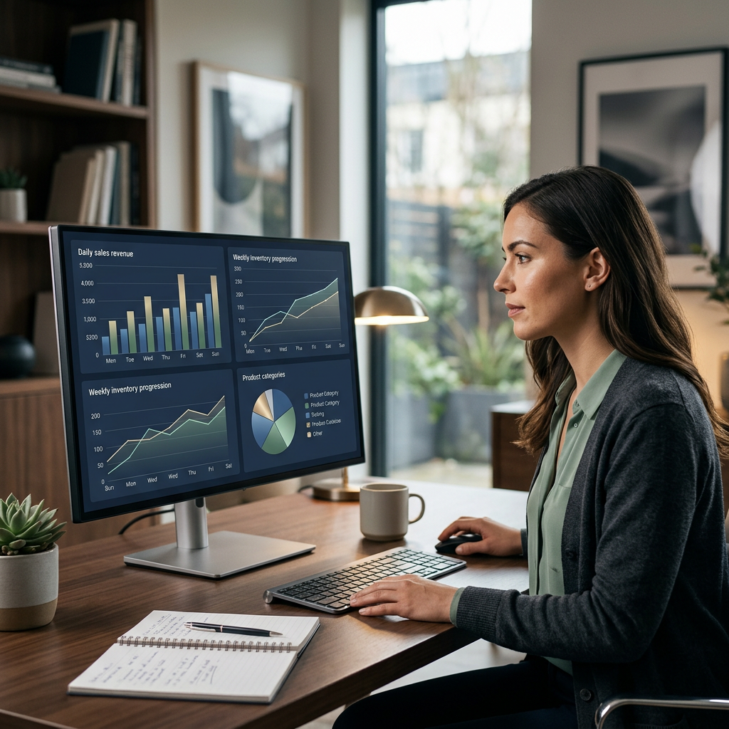A modern home office setup with a high-end monitor displaying a complex data dashboard of ecommerce sales and inventory