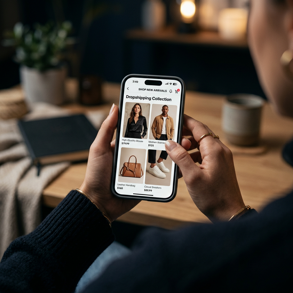 Close-up of a hand using a smartphone to scroll through a sleek product catalog with high-quality fashion images