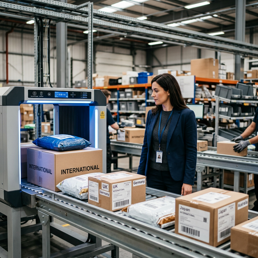 A high-tech logistics warehouse with a focus on electronic customs scanners and organized international parcels on a con