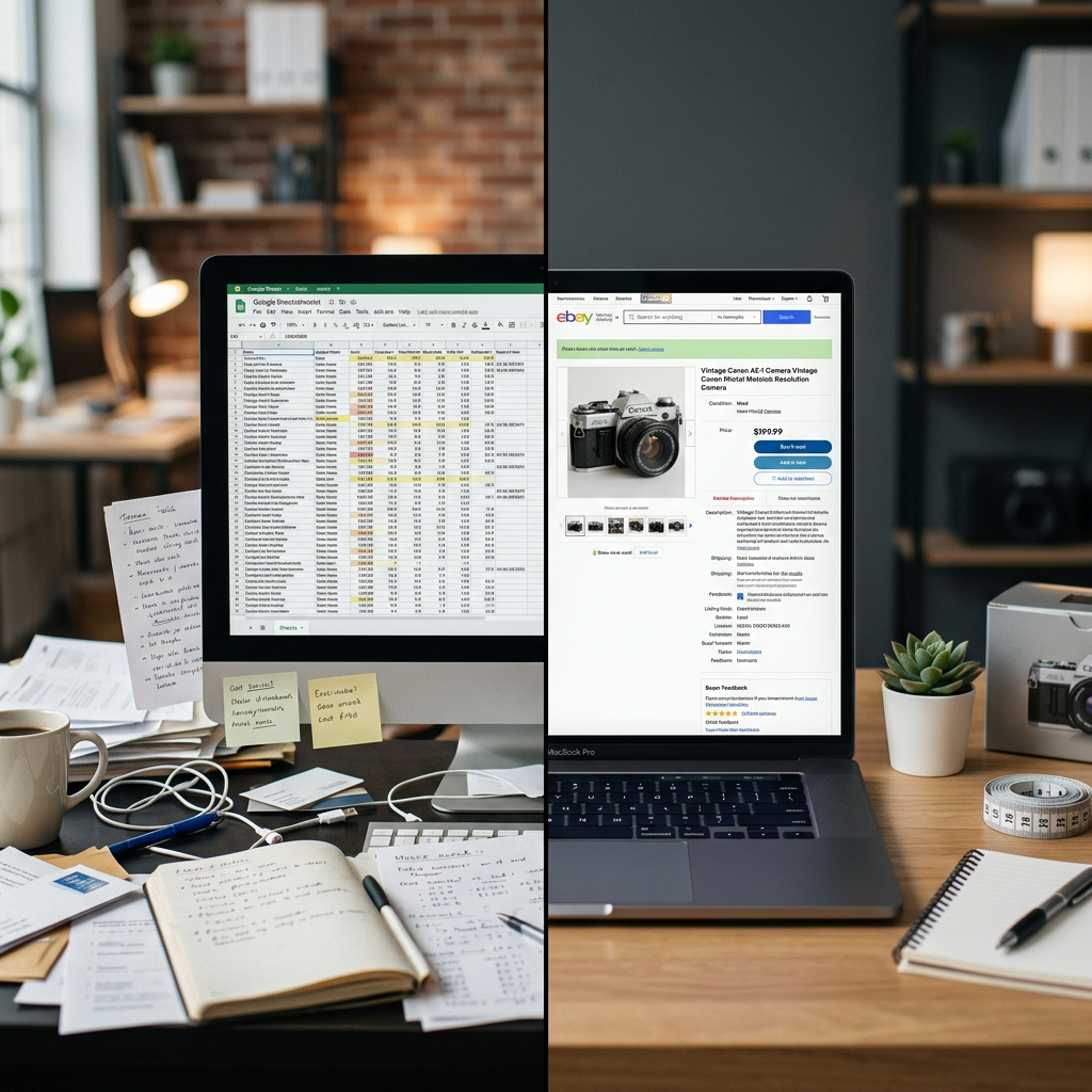 A split-screen comparison showing a messy spreadsheet on one side and a clean organized eBay listing on the other