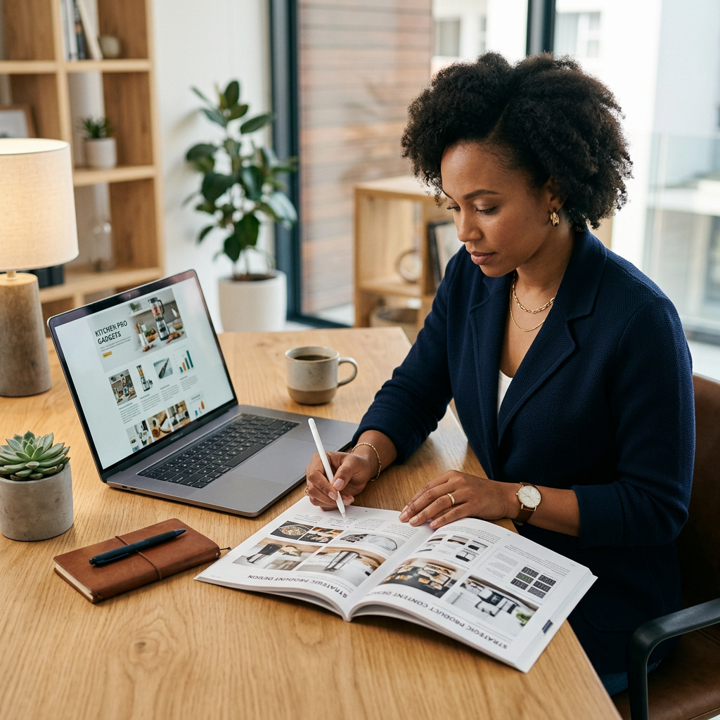 A high-end workspace featuring a sleek laptop, professional lighting, and a detailed product catalog spread out on a min