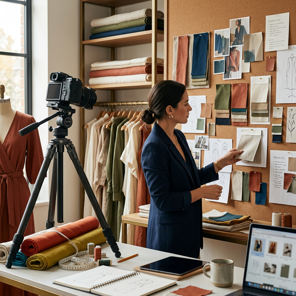 A modern fashion studio with vibrant textiles, a professional camera on a tripod, and detailed fabric swatches pinned to
