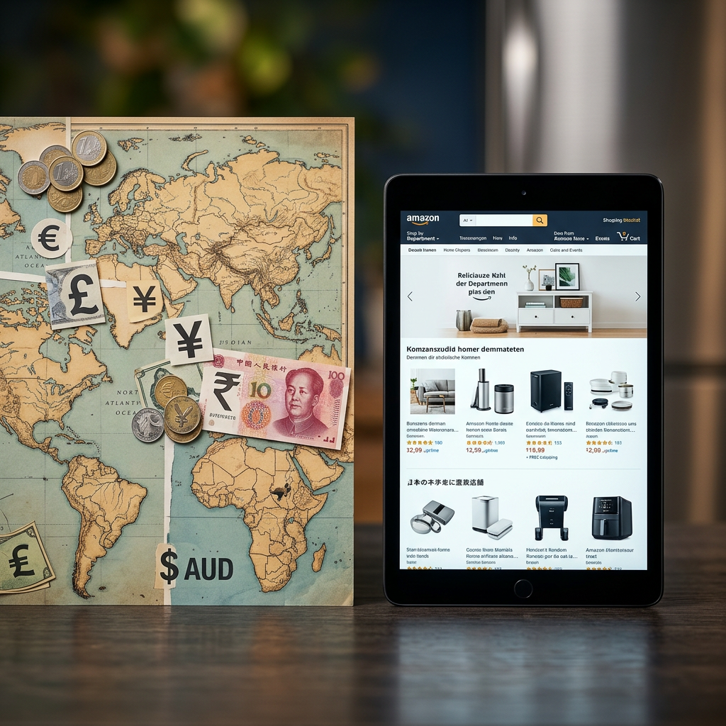 A collage of international maps and global currency symbols next to a sleek tablet showing a localized Amazon storefront