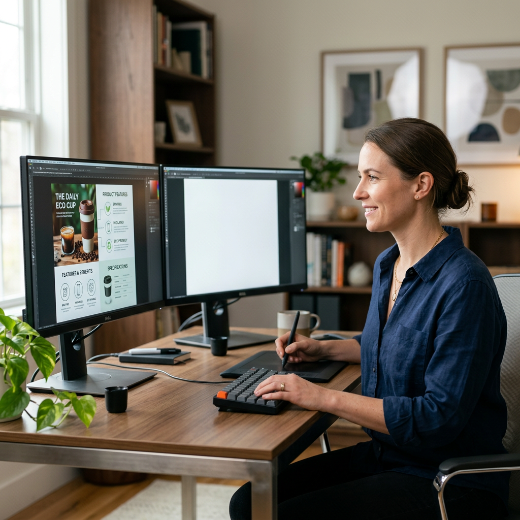 A professional designer at a dual-monitor setup editing a vibrant product infographic with clean typography and balanced
