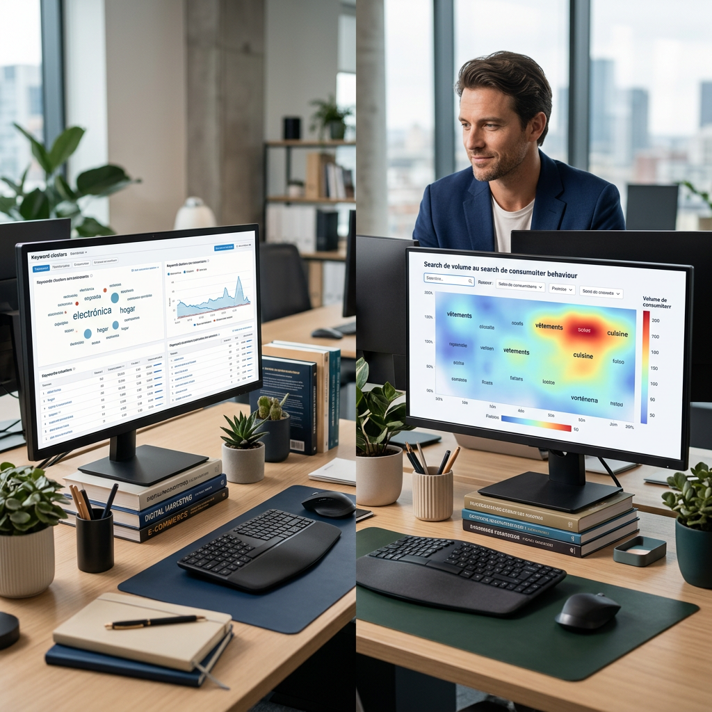 A split-screen view of a professional workspace showing two monitor setups, one displaying keyword clusters in Spanish a