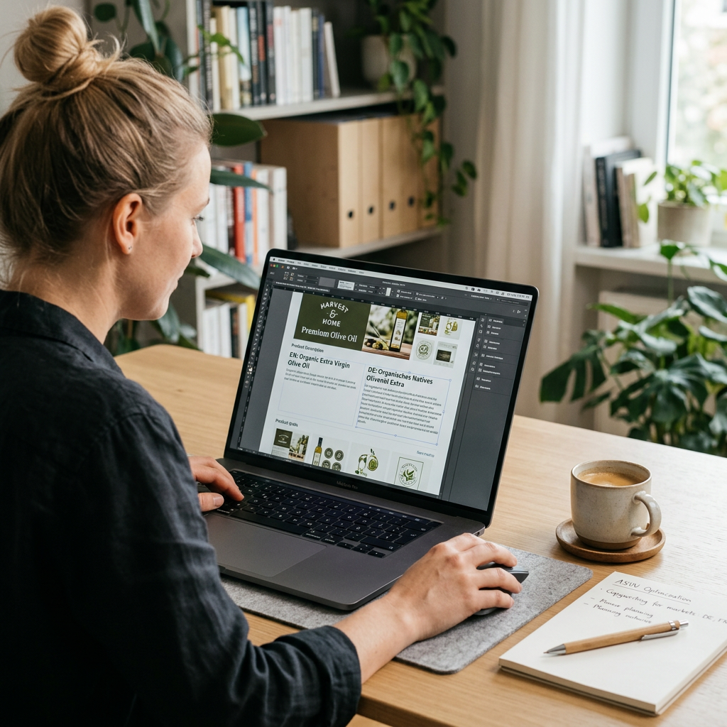 A designer's desk with a laptop showing an A+ Content layout being adjusted for different language lengths, with a coffe