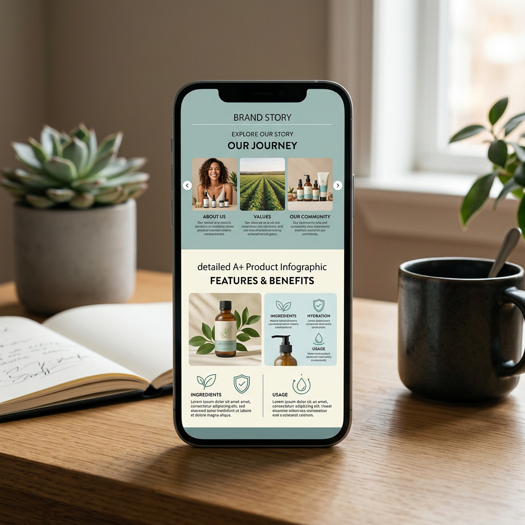 A split-screen digital rendering showing a smartphone displaying a Brand Story carousel above a detailed A+ product info
