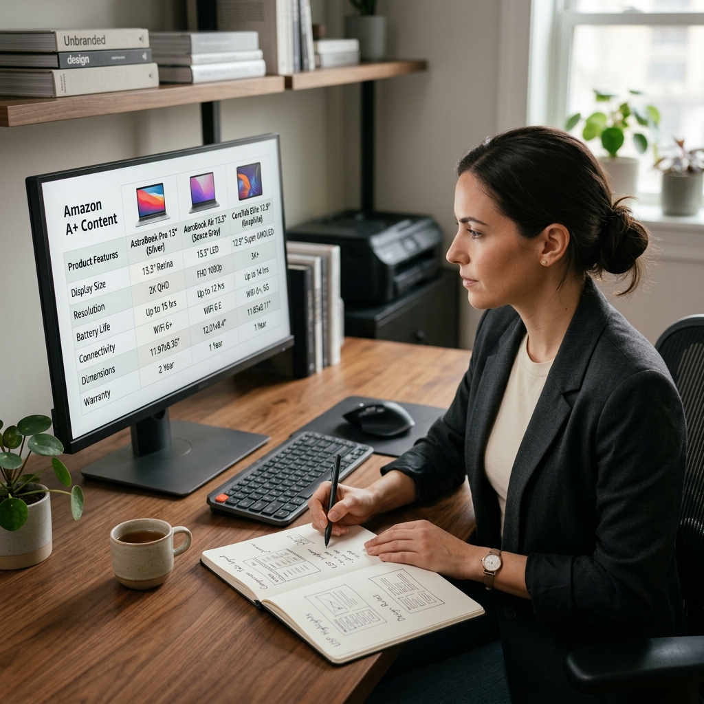 A professional desk setup with a high-end monitor showing an Amazon comparison table comparing three different electroni