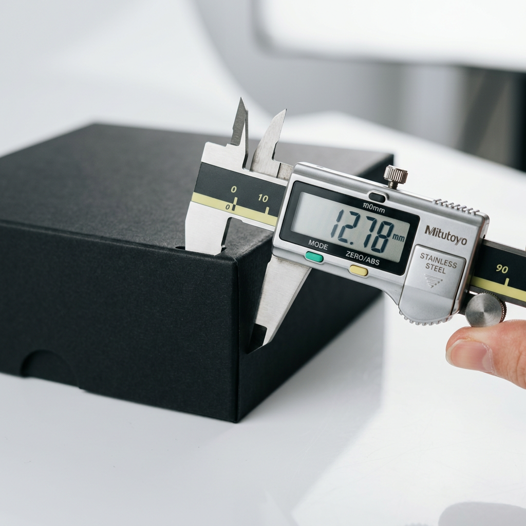 A macro shot of a digital caliper measuring the edge of a sleek matte black product box on a white studio table
