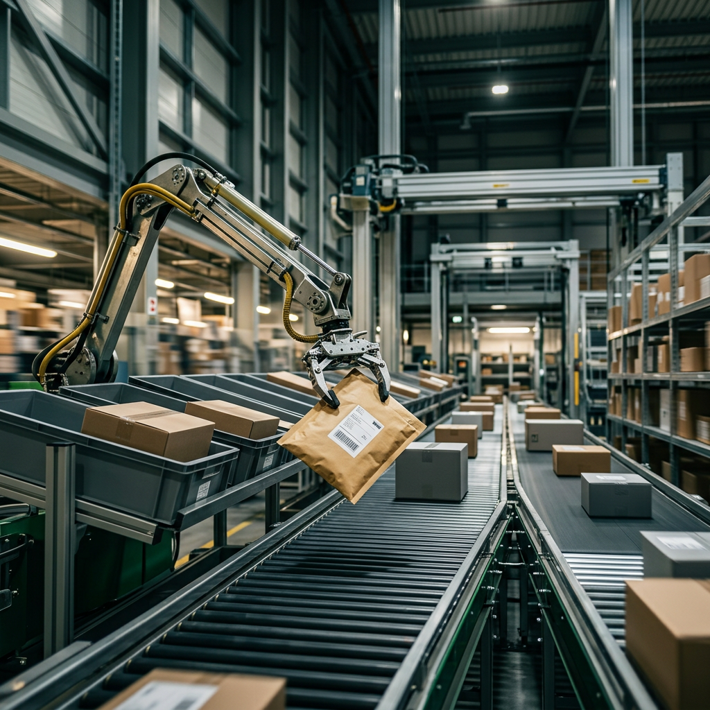 Modern warehouse logistics with an automated sorting arm placing small padded mailers onto a high-speed conveyor belt