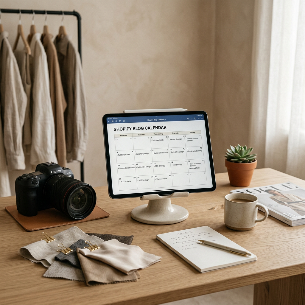 A minimalist fashion studio desk with fabric swatches, a professional camera, and a tablet showing a structured editoria