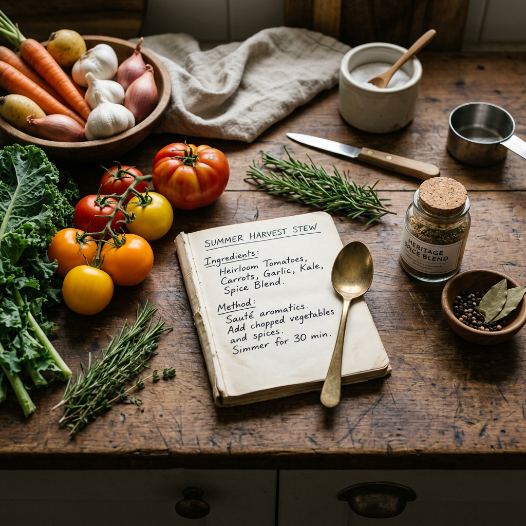 A top-down shot of a rustic kitchen counter with fresh ingredients, a curated spice jar, and a handwritten recipe card