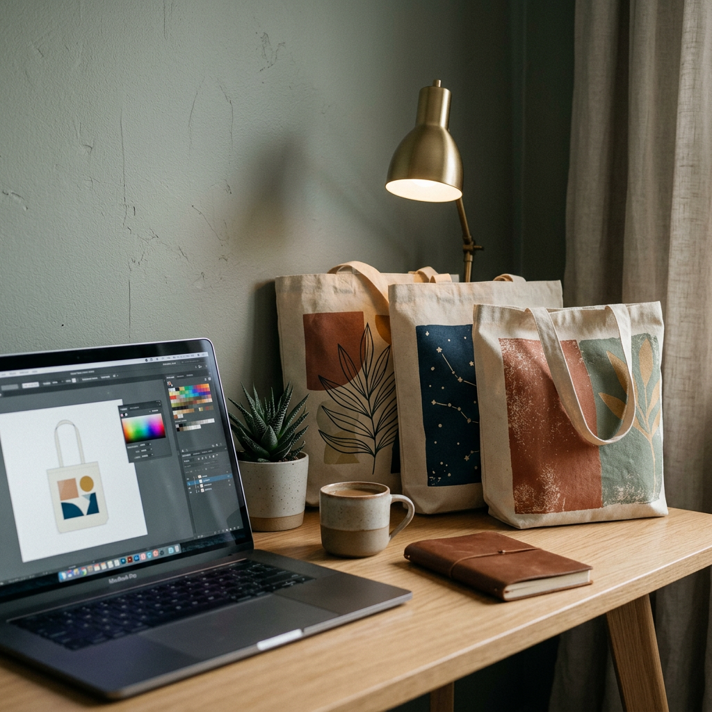 A modern home office desk with a laptop showing a graphic design software and several unique printed canvas tote bags le