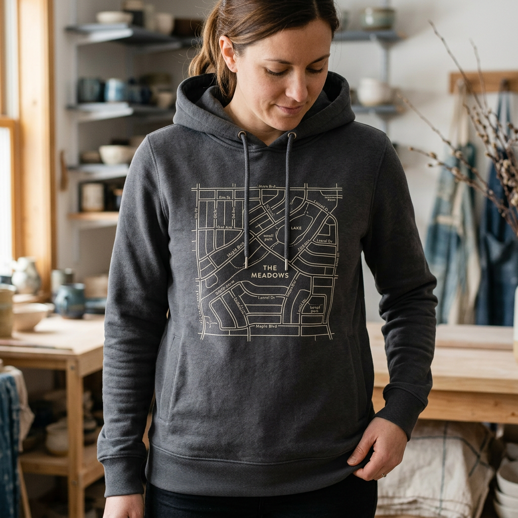 A close-up of a high-quality hooded sweatshirt featuring an intricate minimalist map of a specific local suburban neighb