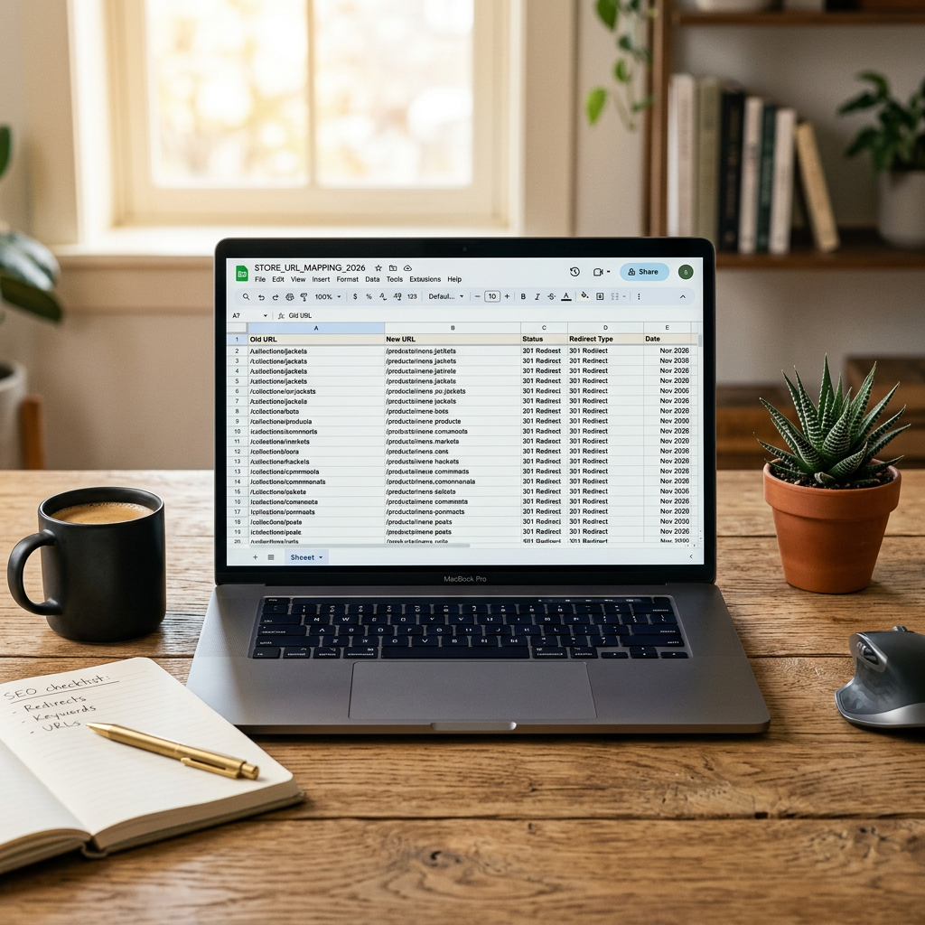 A minimalist wooden desk with a high-end laptop displaying a clean, organized spreadsheet of URL mapping data and redire